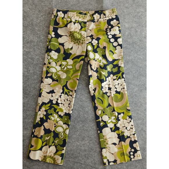 J. Crew Capris Summer Floral Funky Womens SZ 2 Stretch Lime Green Cream Blue - Picture 1 of 9